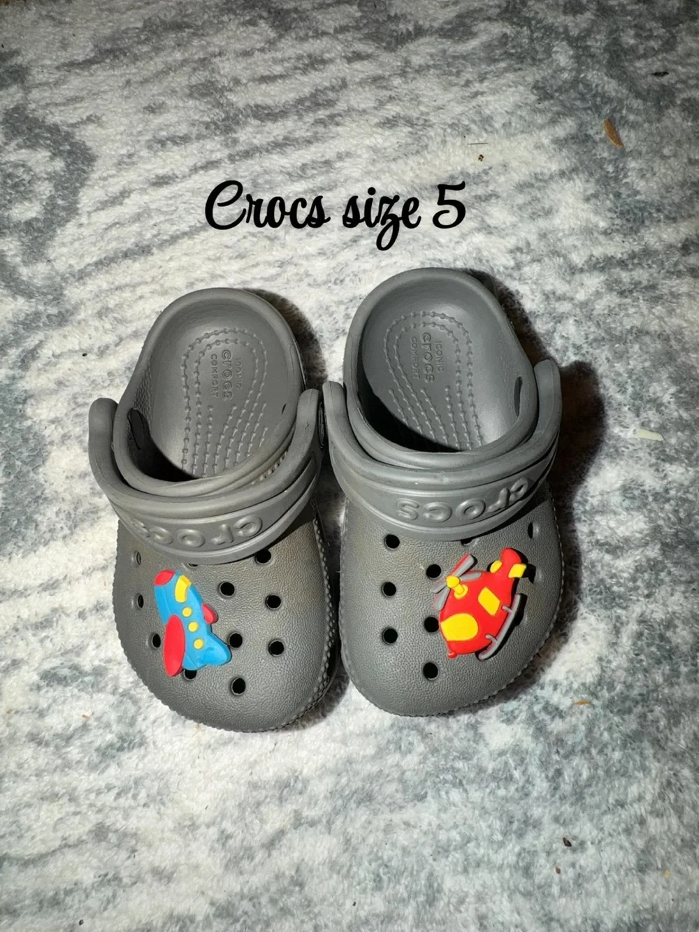 CROCS Kids Gray Classic Clogs with Colorful Plane Charms